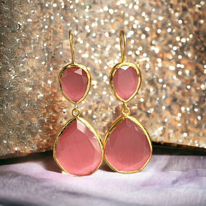 Boucles d'oreilles  "LIORA" dorées or fin pierre d’ Agate rose