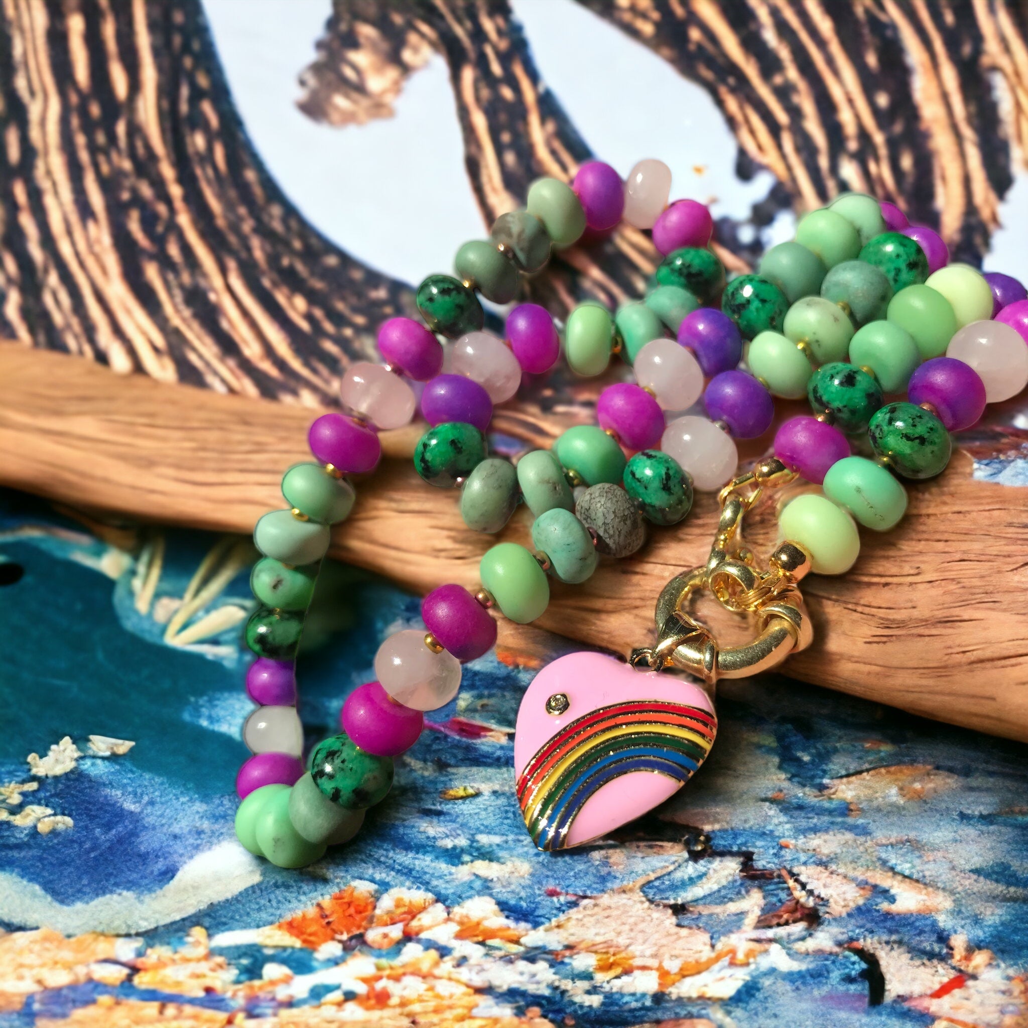 Collier "PURPLE GREEN" - Sugilite - Jaspe- Quartz rose - Agate - doré or fin