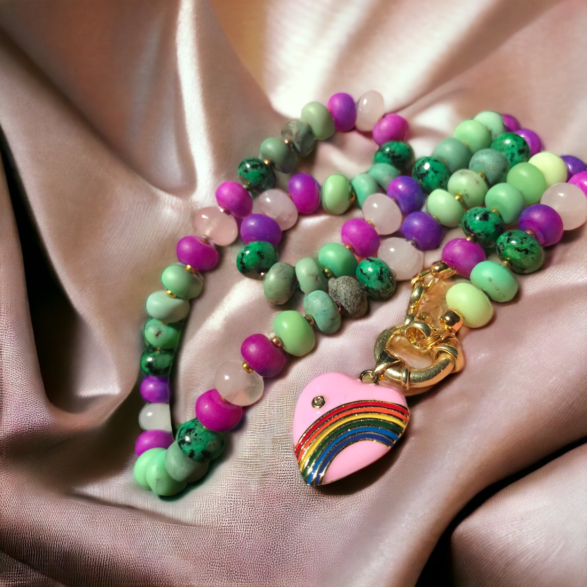 Collier "PURPLE GREEN" - Sugilite - Jaspe- Quartz rose - Agate - doré or fin