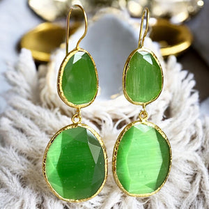 Boucles d'oreilles  "FIORA" dorées or fin pierre d’ Agate verte