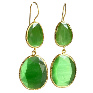 Boucles d'oreilles  "FIORA" dorées or fin pierre d’ Agate verte