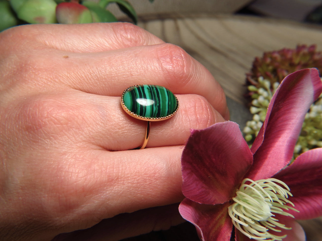 Bague "CELIA" dorée or fin en pierre de Malachite