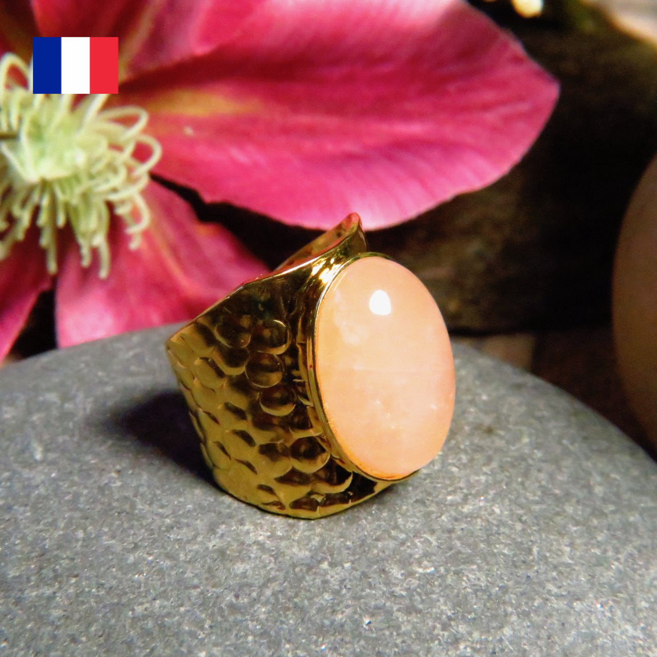 Bague "AURELIE" dorée or fin en pierre de quartz rose