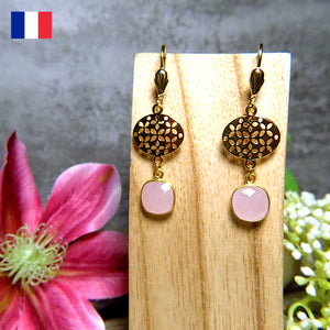 Boucles d’oreilles "ADDISON" dorées or fin en Calcédoine rose