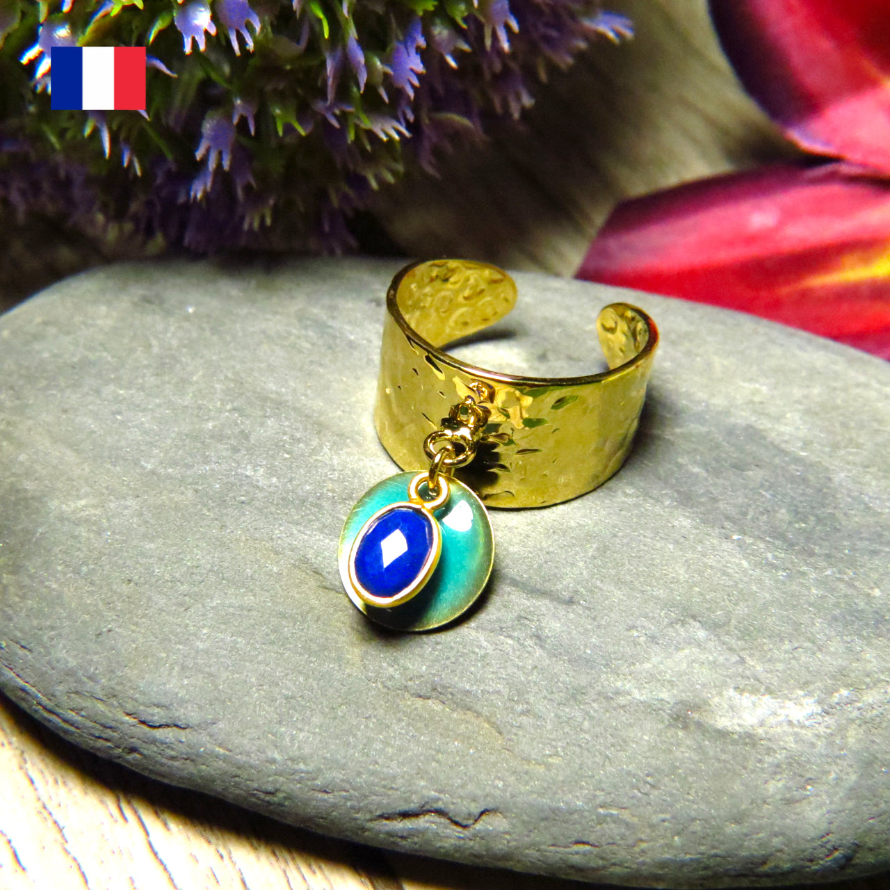 Bague "LEA" dorée or fin avec pierre de Lapis lazuli et sequin émaillé