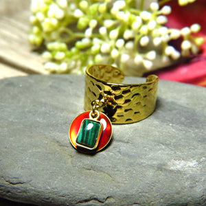 Bague "MANON" dorée or fin avec pierre de Malachite et sequin émaillé