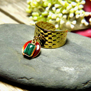 Bague "MANON" dorée or fin avec pierre de Malachite et sequin émaillé