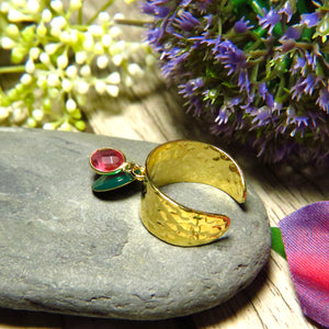 Bague "OPHELIE" dorée or fin en pierre de tourmaline rose et sequin émaillé