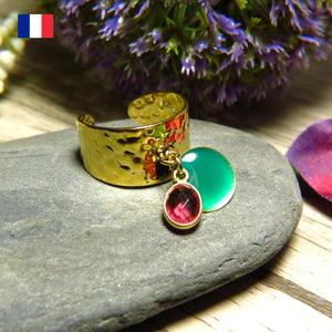 Bague "OPHELIE" dorée or fin en pierre de tourmaline rose et sequin émaillé