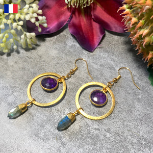 Boucles d’oreilles "ISOLENE" dorées or fin Améthyste et Labradorite