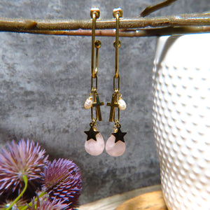 Boucles d'oreilles "MARTINE" en acier inoxydable doré or fin et Quartz Rose