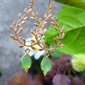 Boucles d'oreilles "ALYSSA" dorées or fin pierre de Chrysoprase Calcédoine verte