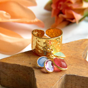 Bague "MATHILDE" dorée or fin avec pierres d' Améthyste Tourmaline et Calcédoine verte et bleue