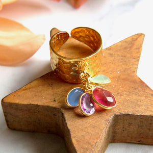 Bague "MATHILDE" dorée or fin avec pierres d' Améthyste Tourmaline et Calcédoine verte et bleue