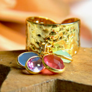 Bague "MATHILDE" dorée or fin avec pierres d' Améthyste Tourmaline et Calcédoine verte et bleue