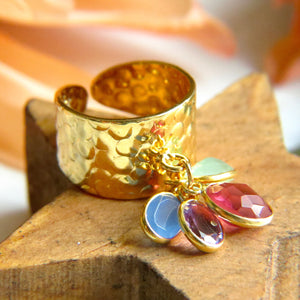 Bague "MATHILDE" dorée or fin avec pierres d' Améthyste Tourmaline et Calcédoine verte et bleue