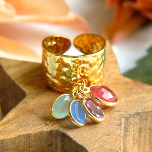 Bague "MATHILDE" dorée or fin avec pierres d' Améthyste Tourmaline et Calcédoine verte et bleue