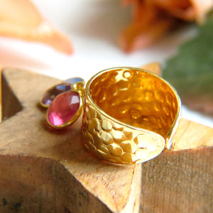 Bague "MATHILDE" dorée or fin avec pierres d' Améthyste Tourmaline et Calcédoine verte et bleue