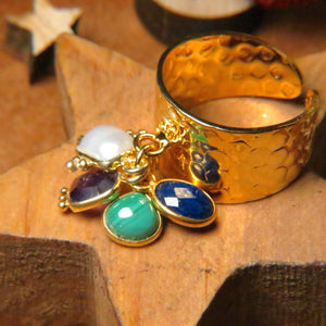 Bague "LOUISE" dorée or fin avec pierres d' Améthyste Lapis lazuli Malachite et Nacre blanche