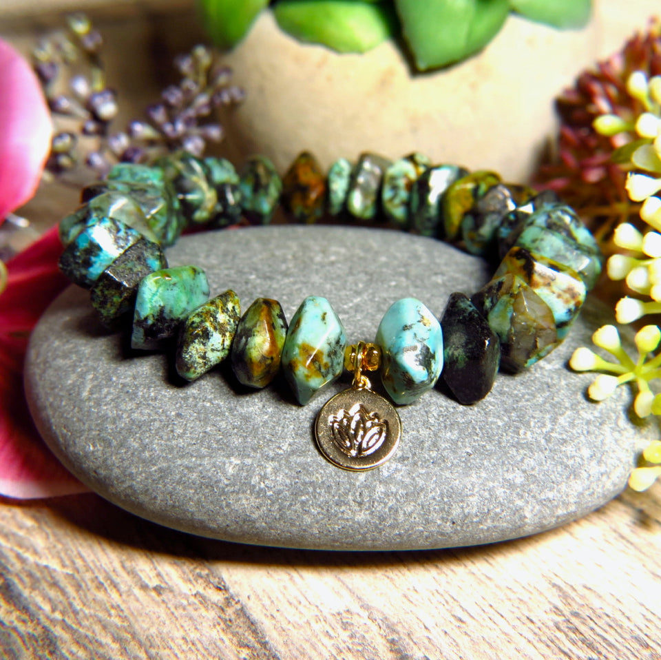 Bracelet "PALMA" doré or fin et pierres naturelles de Turquoise africaine