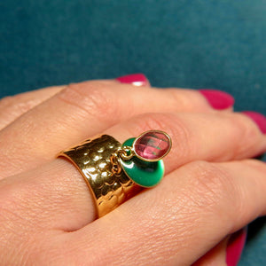 Bague "OPHELIE" dorée or fin en pierre de tourmaline rose et sequin émaillé