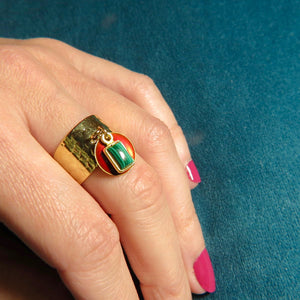 Bague "MANON" dorée or fin avec pierre de Malachite et sequin émaillé