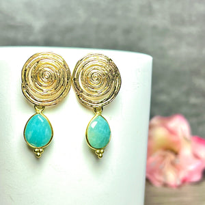 Boucles d’oreilles "COLUMBUS" dorées or fin pierre d’ Amazonite