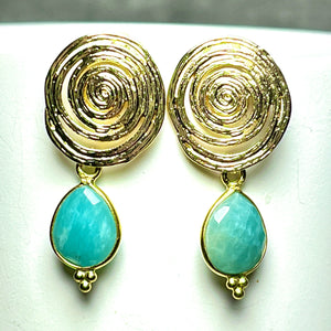 Boucles d’oreilles "COLUMBUS" dorées or fin pierre d’ Amazonite