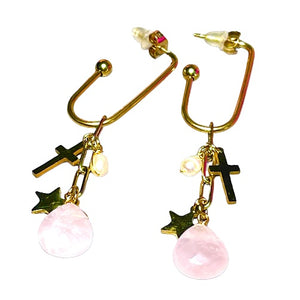 Boucles d'oreilles "MARTINE" en acier inoxydable doré or fin et Quartz Rose