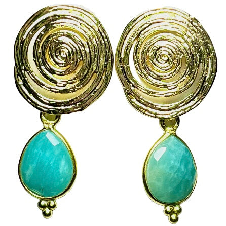 Boucles d’oreilles "COLUMBUS" dorées or fin pierre d’ Amazonite