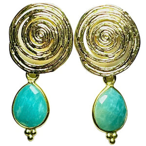 Boucles d’oreilles "COLUMBUS" dorées or fin pierre d’ Amazonite