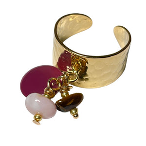 Bague "SARAH" dorée or fin avec pierre d’ Opale Œil de tigre et sequin