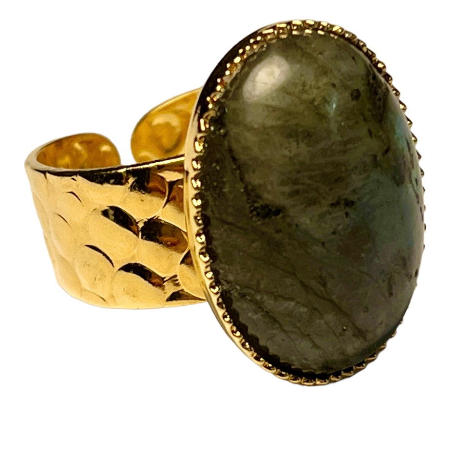 Bague "LAURENCE" dorée or fin en pierre de Labradorite
